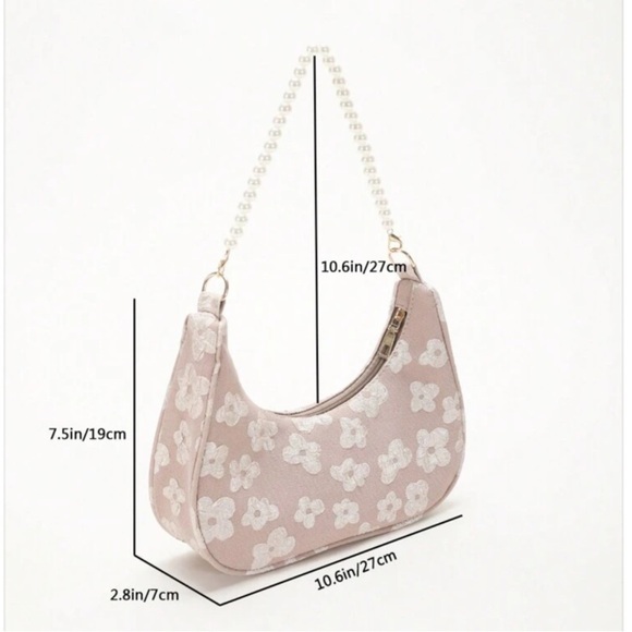 Floral Tan & Cream Floral Print Shoulder Bag with Pearl Chain Strap | NWT | - Picture 7 of 11
